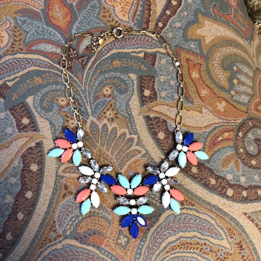 Vintage J CREW Goldtone Clear Orange Blue Aqua Rhinestones 18" Necklace